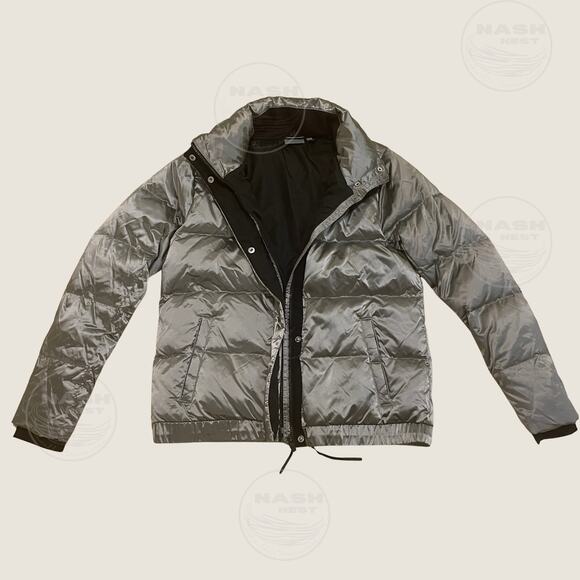 Athleta M Metallic Gray Goose Down Puffer Jacket | 90% Down Warm Silver Coat - Picture 9 of 9